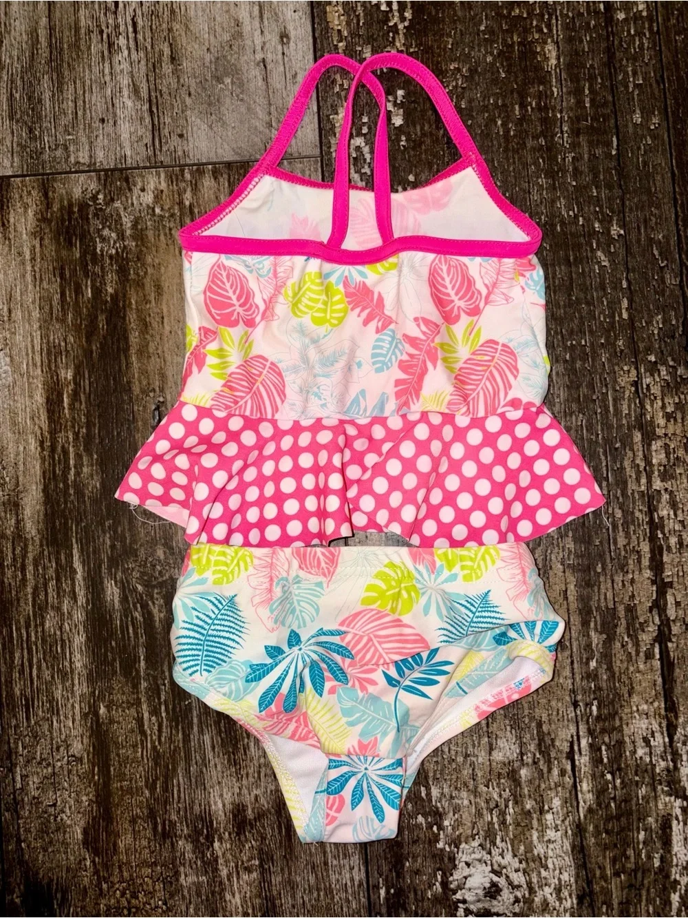 Girls Pink Tropical One-Piece Swim with Polka Dot Skirt